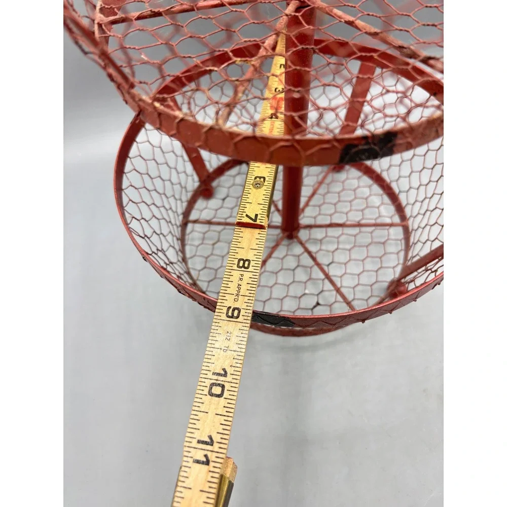 Vintage Red Metal Rooster 2 Tier Chicken Wire Basket Farmhouse Fruit Stand 14.5